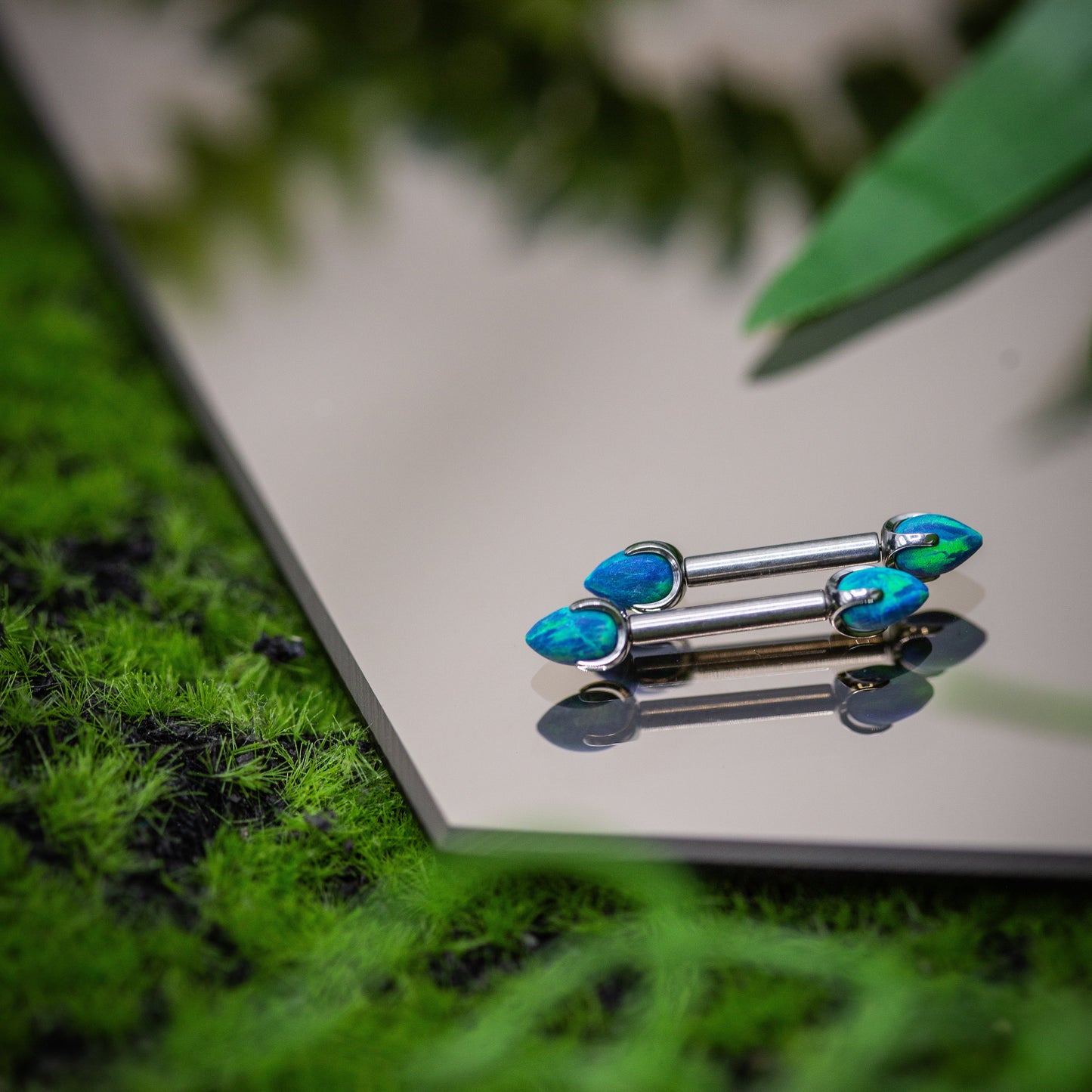 Titanium Nipple Barbell Set w/ Sandblasted Blue-Green Opal Claw-set Bullet