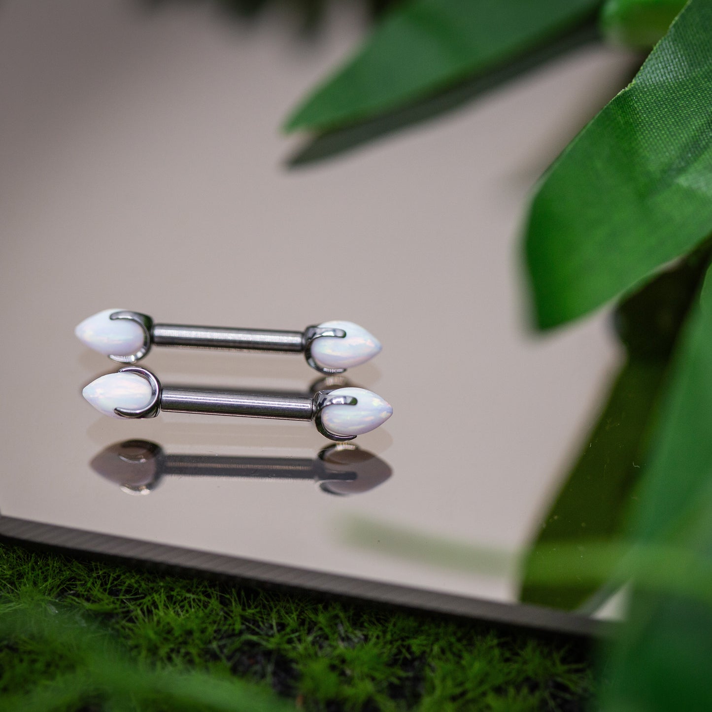 Titanium Nipple Barbell Set w/ Sandblasted White Opal Claw-set Bullet