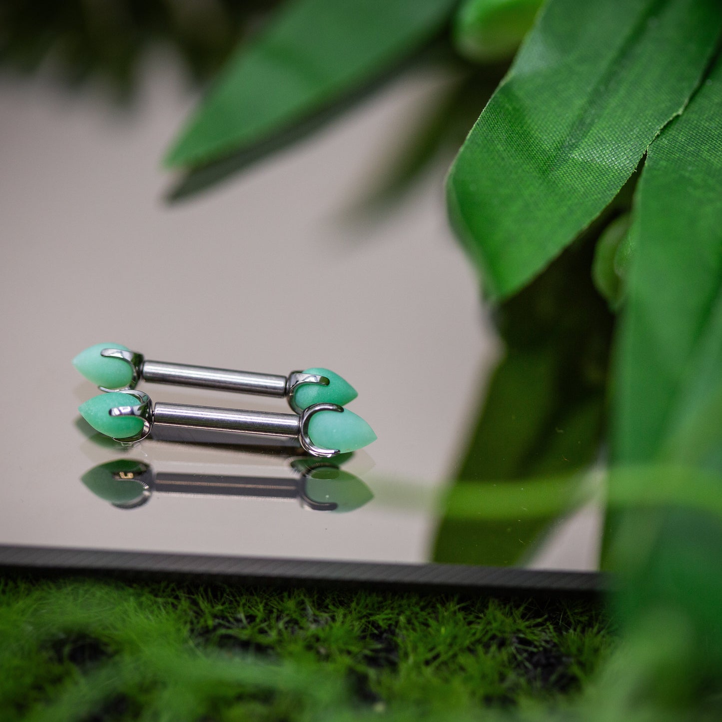 Titanium Nipple Barbell Set w/ Sandblasted Chrysoprase Claw-set Bullet