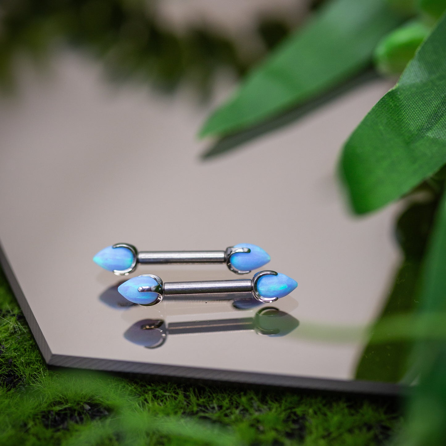 Titanium Nipple Barbell Set w/ Sandblasted Light Blue Opal Claw-set Bullet