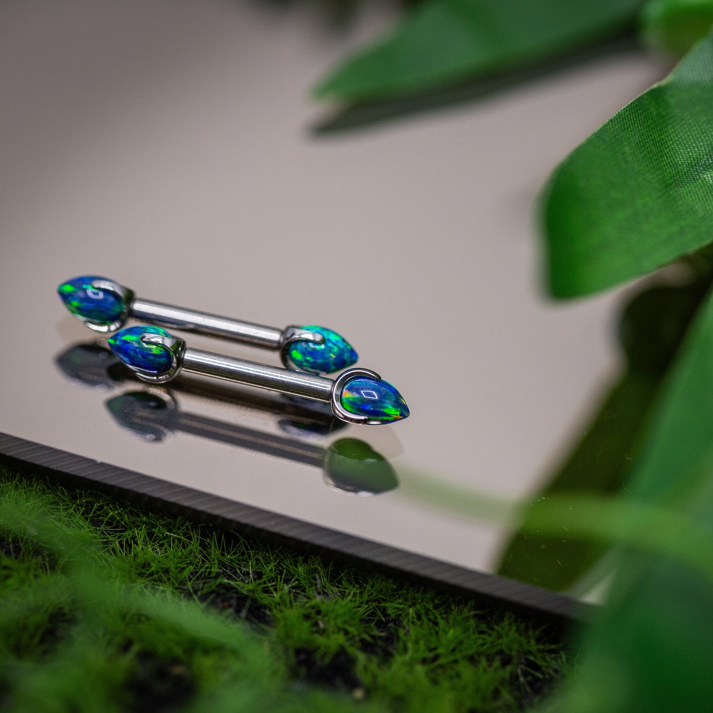 Titanium Nipple Barbell Set w/ Blue-Green Claw-set Bullet