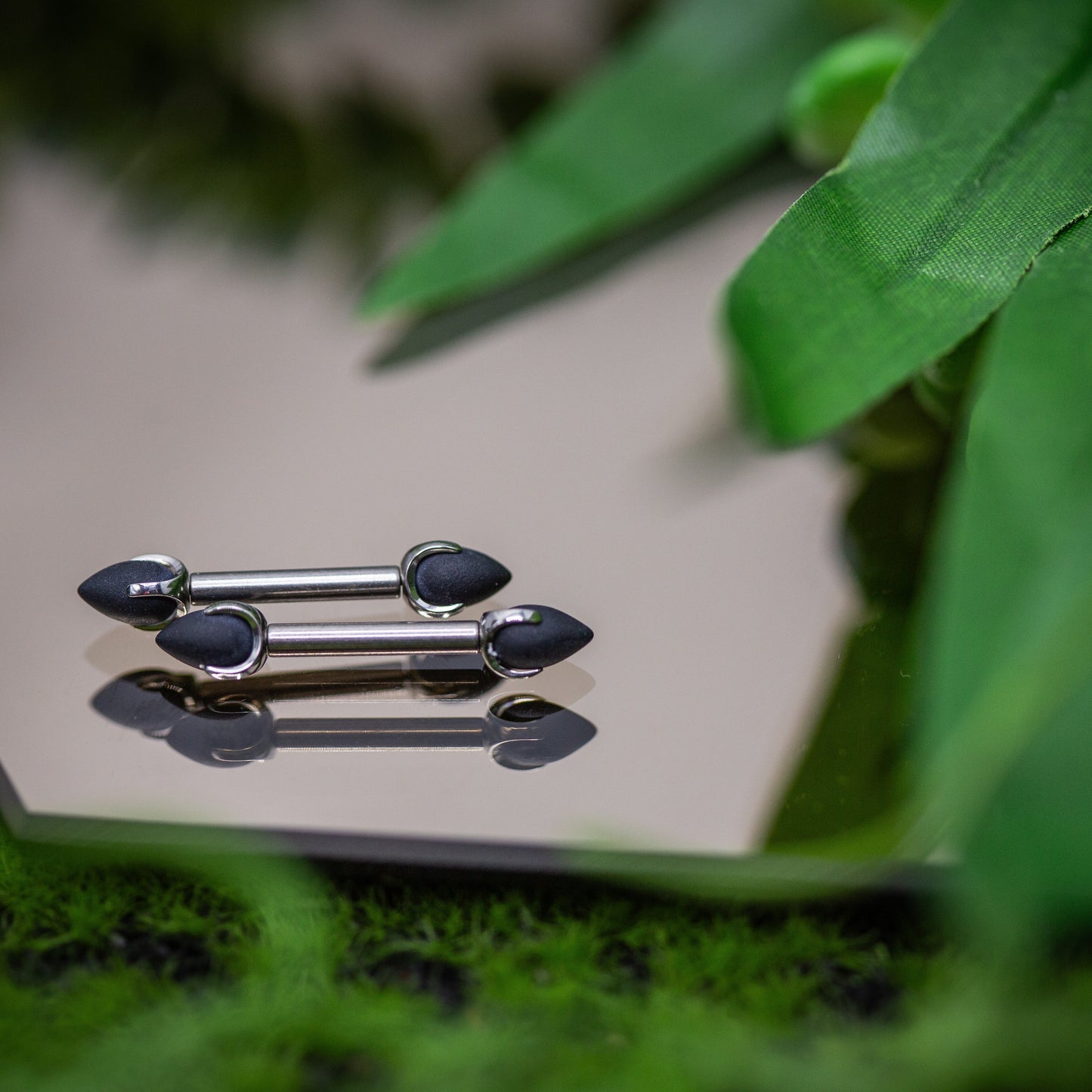 Titanium Nipple Barbell Set w/ Sandblasted Black Onyx Claw-set Bullet