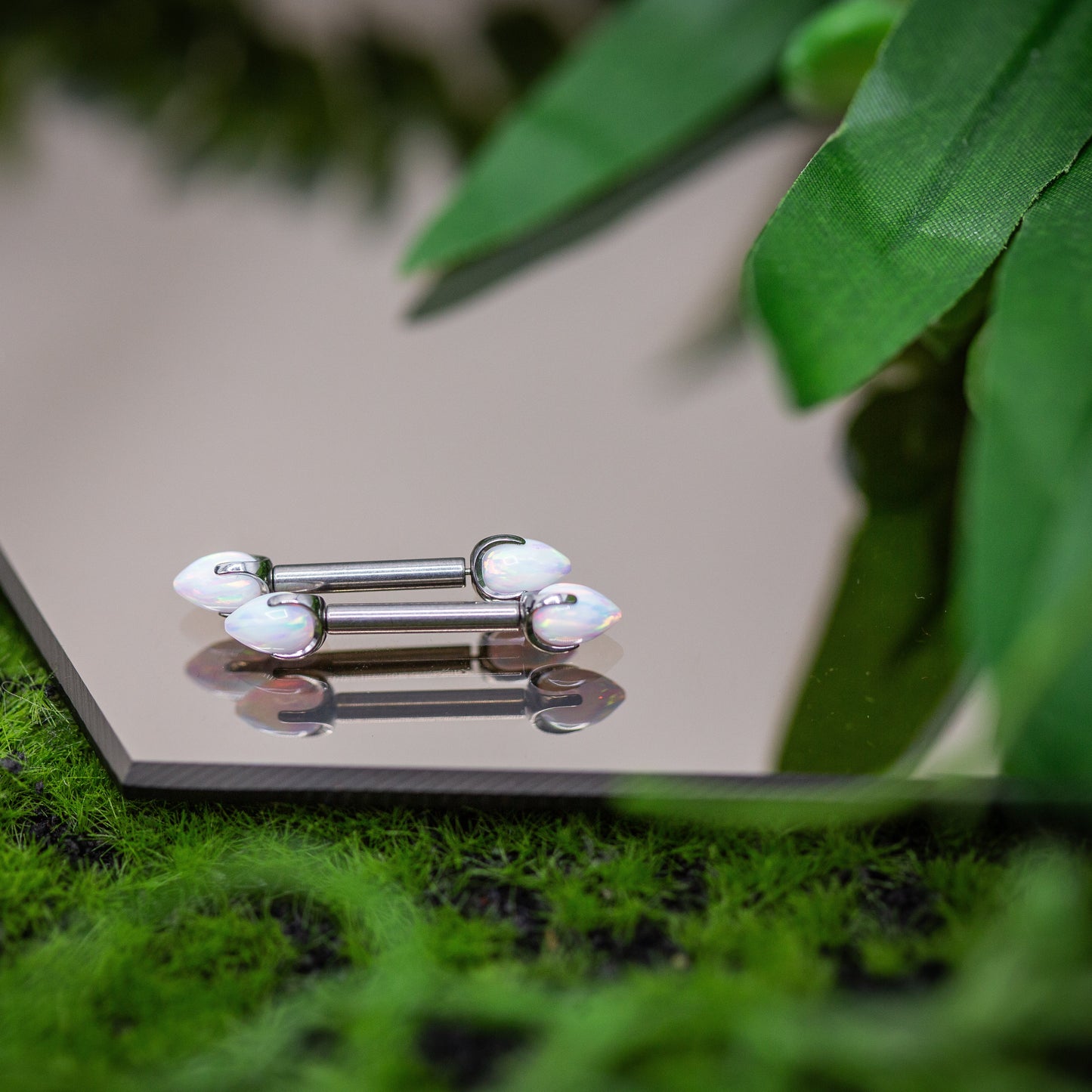 Titanium Nipple Barbell Set w/ White Opal Claw-set Bullet