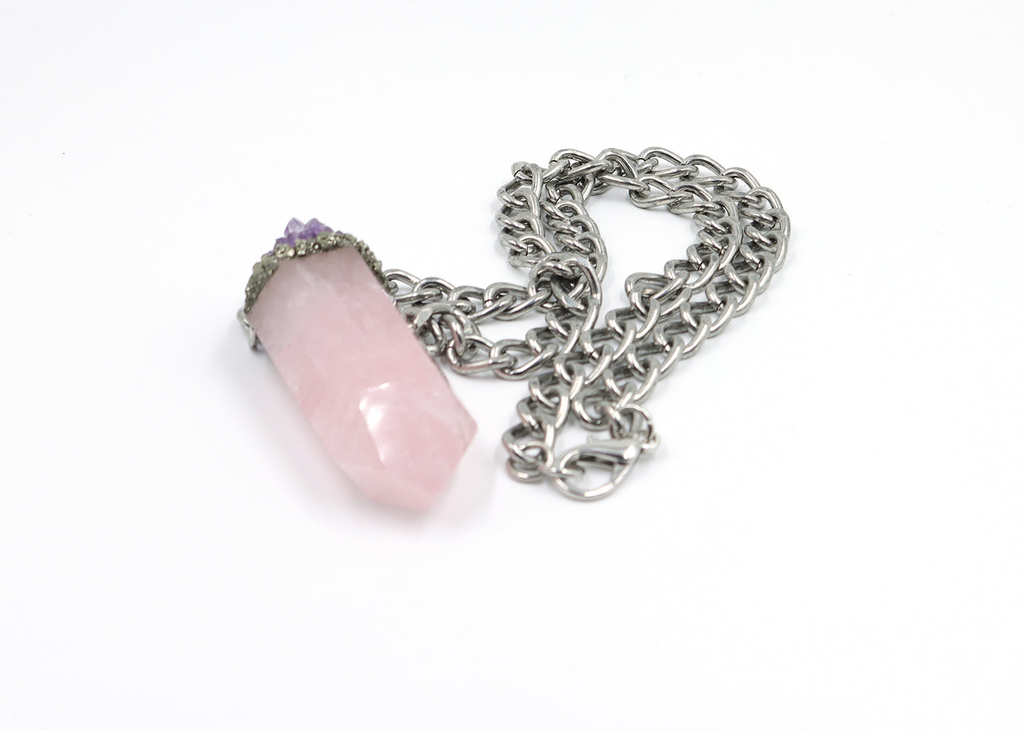 Rose Quartz, Amethyst, and Pyrite Crystal Necklace