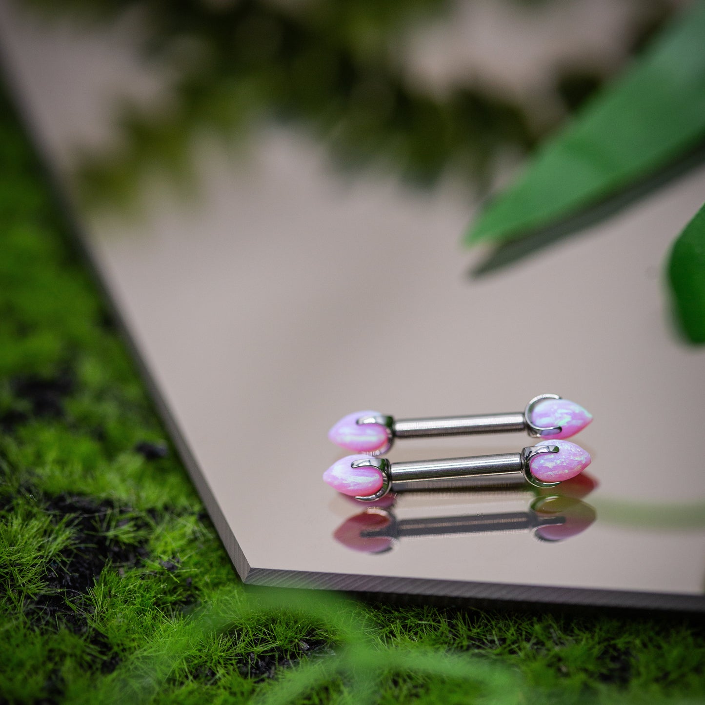 Titanium Nipple Barbell Set w/ Sandblasted Light Pink Opal Claw-set Bullet