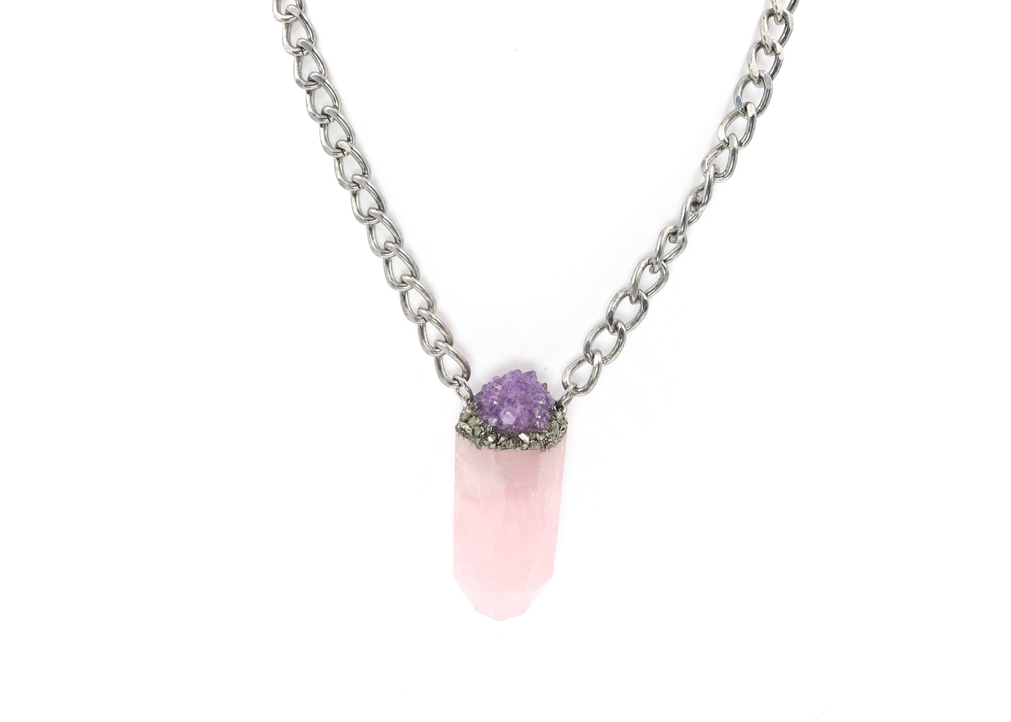 Rose Quartz, Amethyst, and Pyrite Crystal Necklace